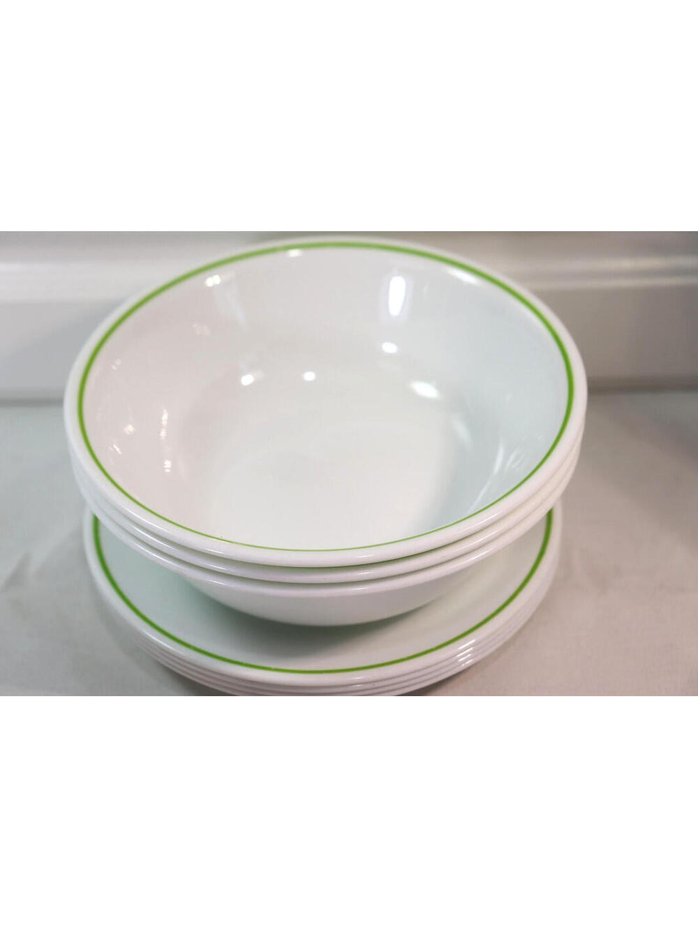 Corelle Bowls Plates White Green Rim Vintage Set 7 Pieces by Corning Estate Lot